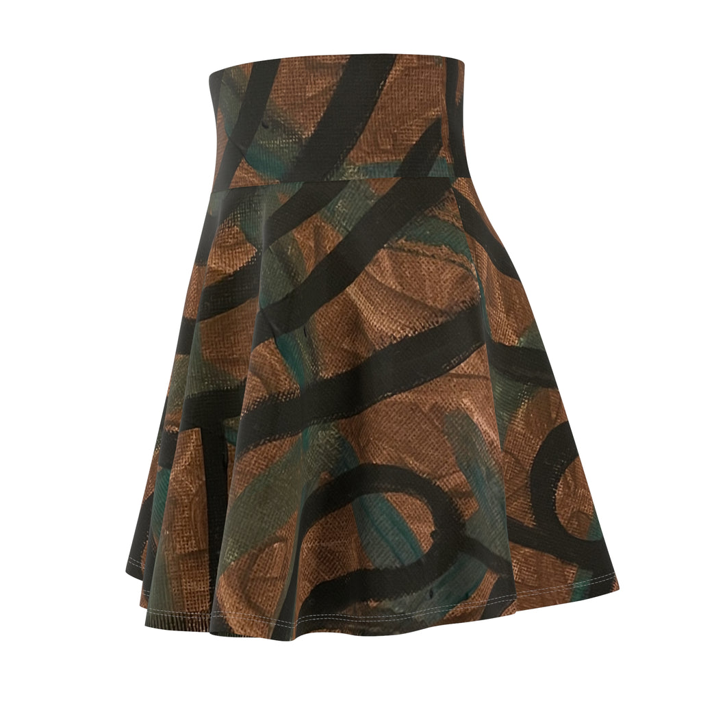 Abstract Earth-Tone Skater Skirt — Brown & Teal Swirl Print