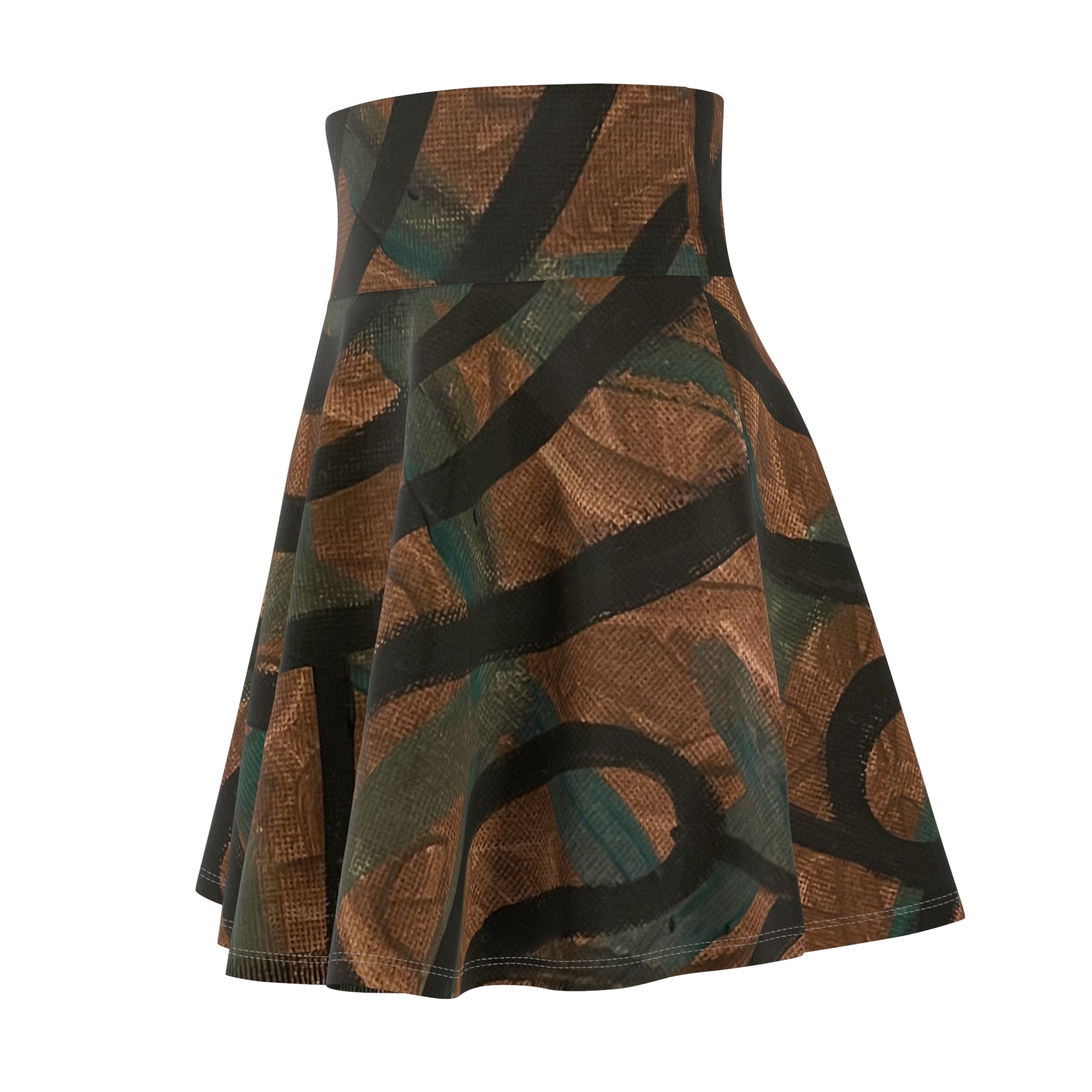 Abstract Earth-Tone Skater Skirt — Brown & Teal Swirl Print