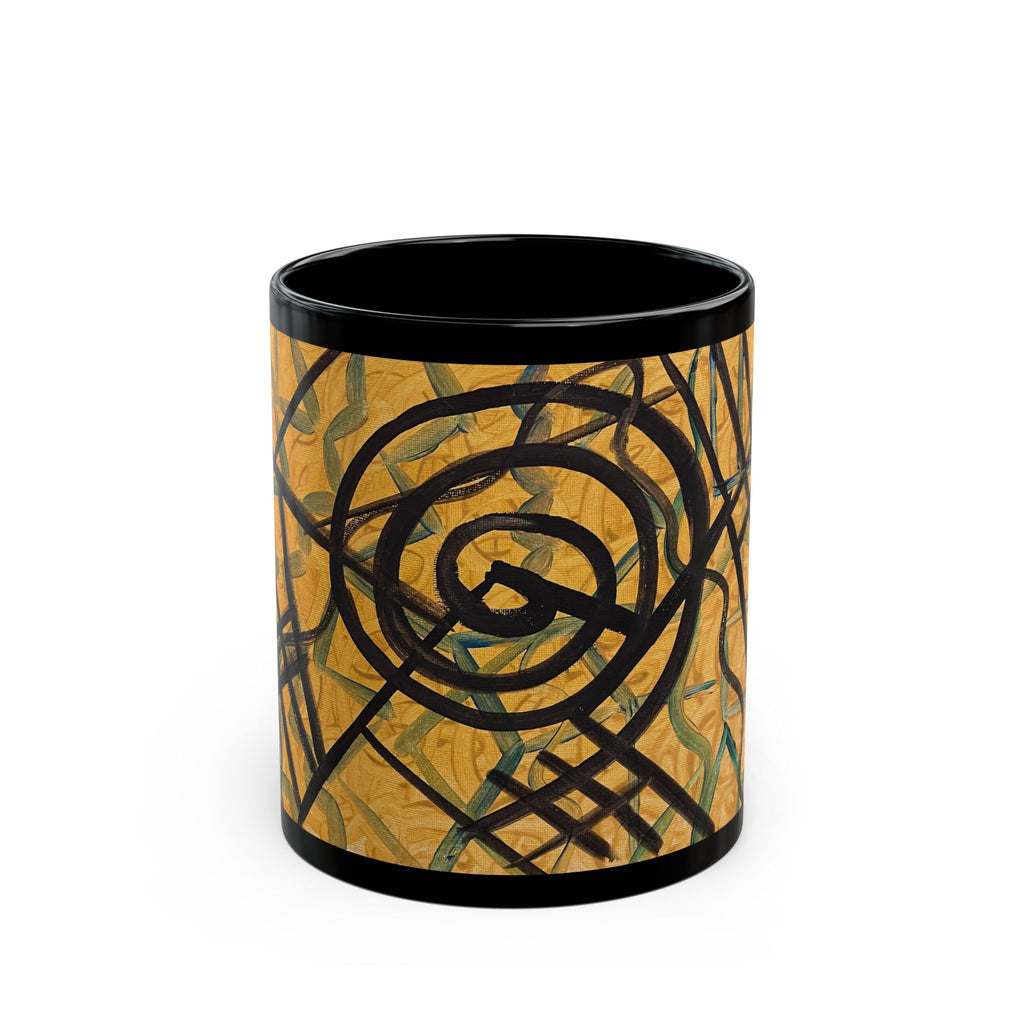 Abstract Tribal Swirl Black Mug — Artistic Gold & Black Ceramic Coffee Cup (11oz/15oz)