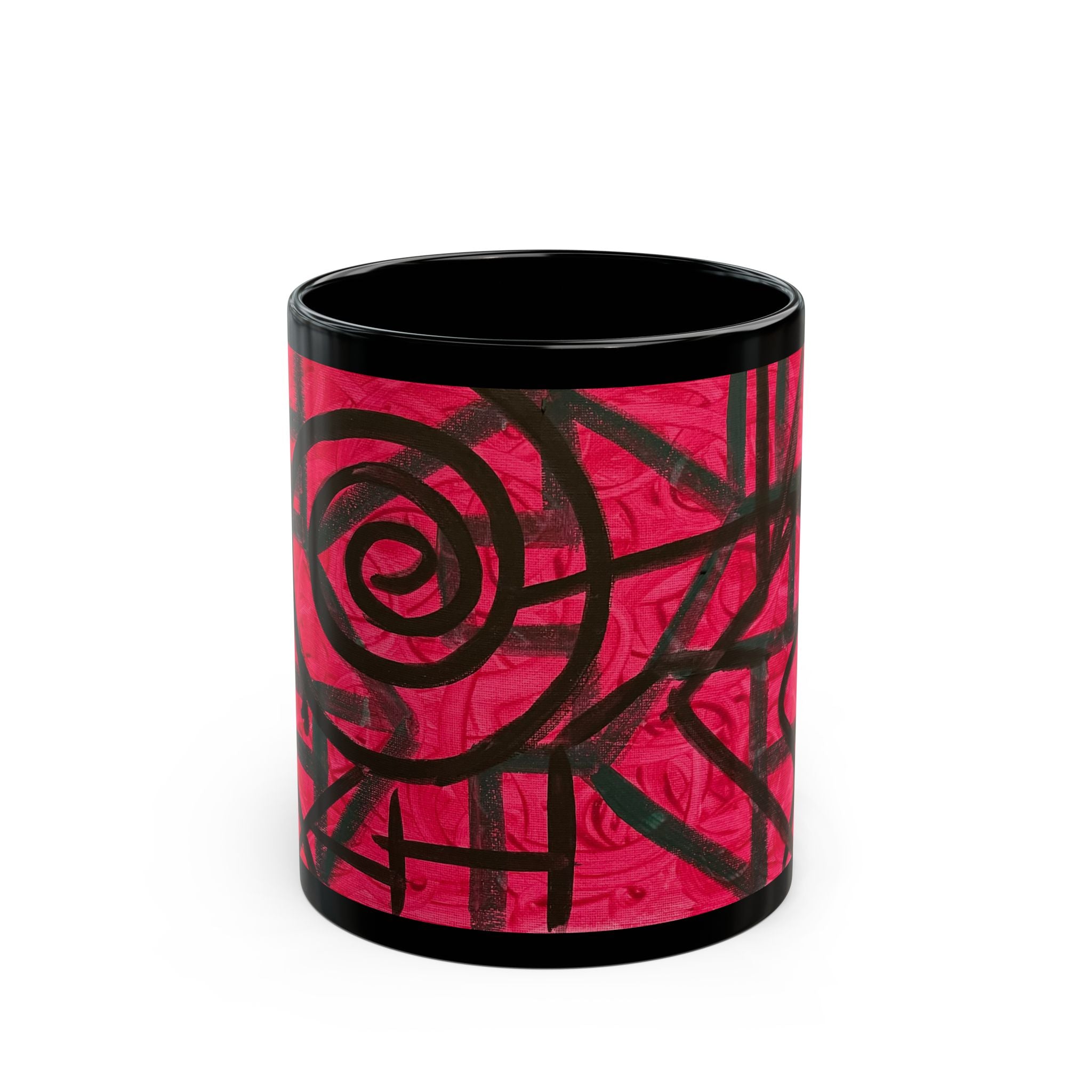 Abstract Red Spiral Art Mug — Black Ceramic Coffee Cup (11oz/15oz)