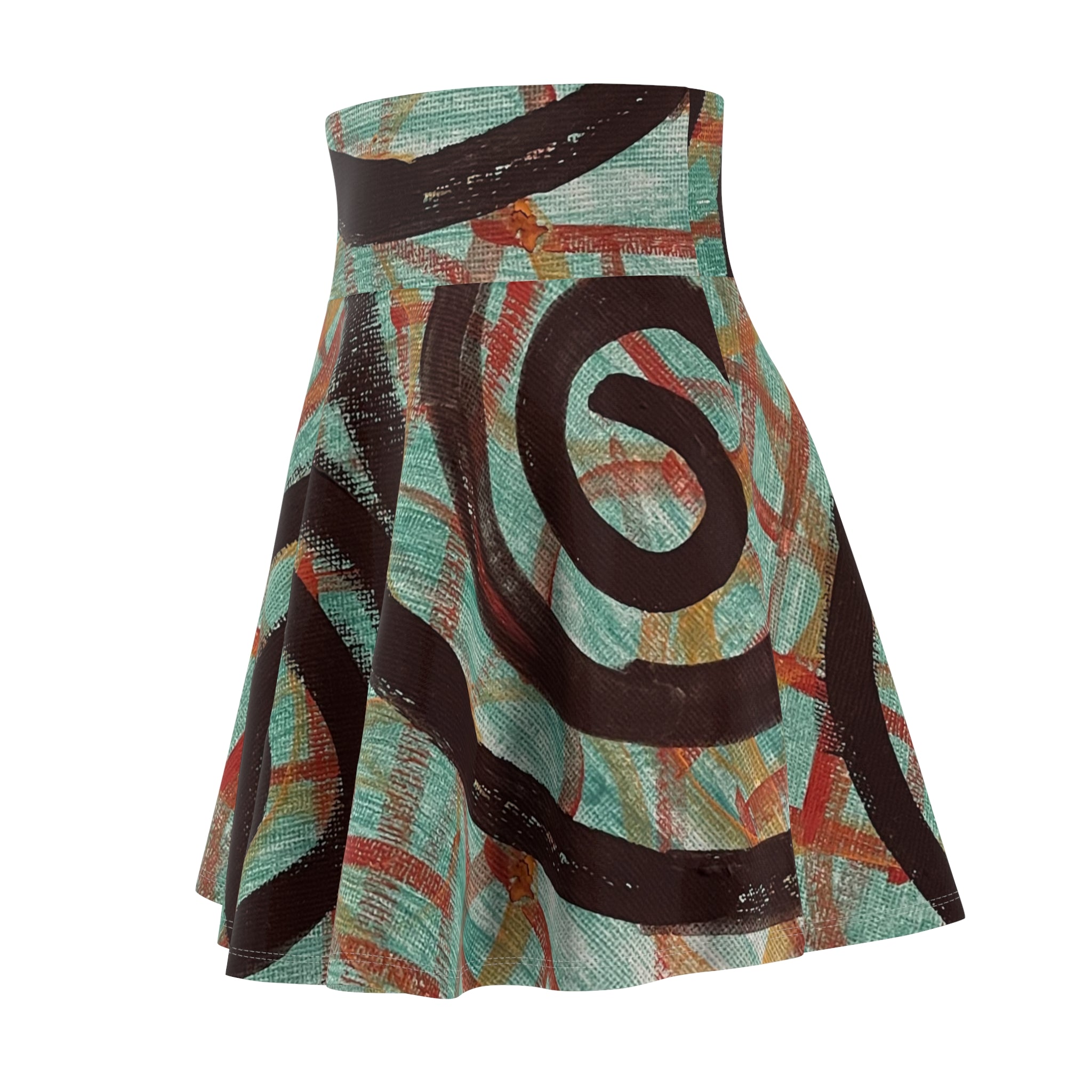 Abstract Spiral Print Skater Skirt — Retro Teal & Rust AOP