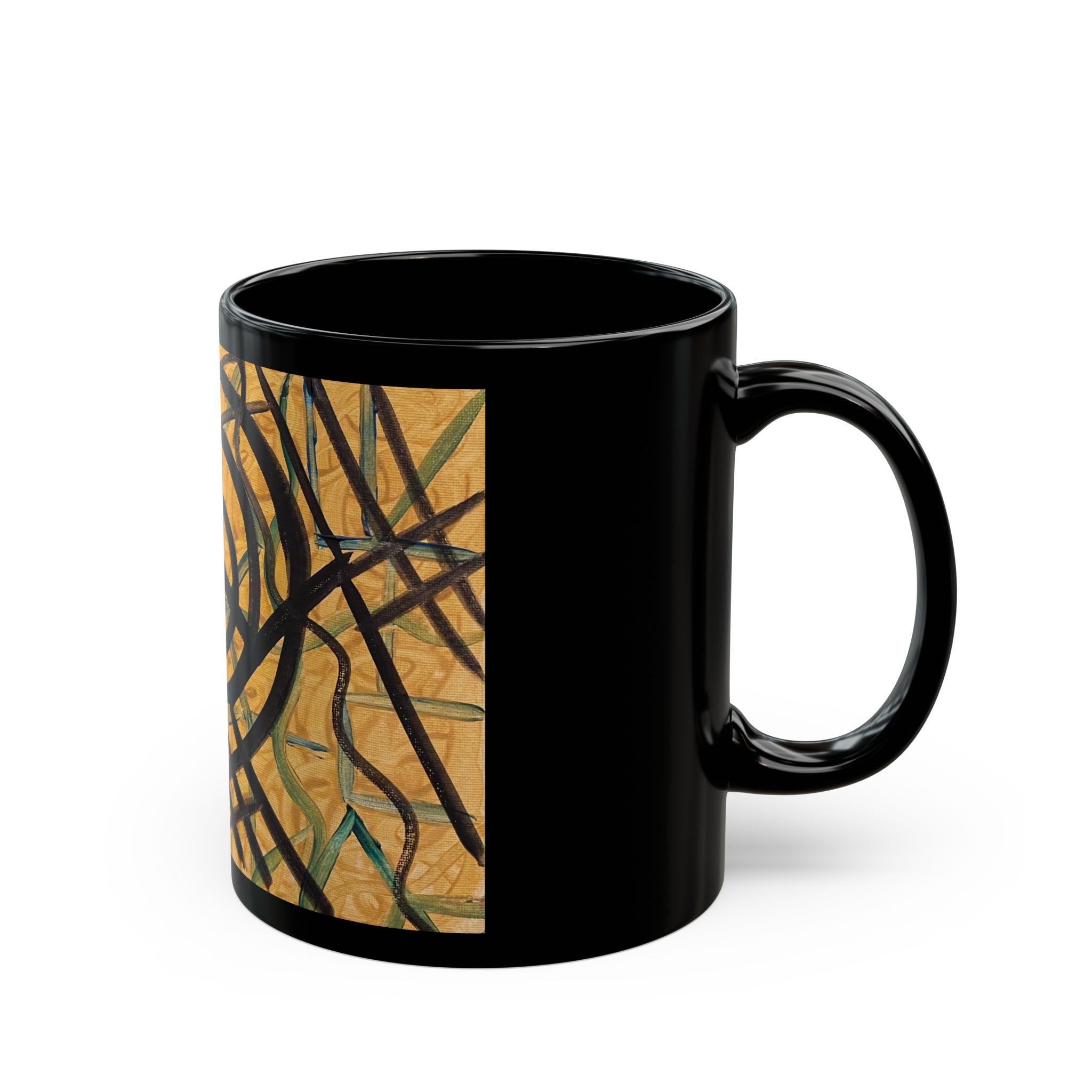 Abstract Tribal Swirl Black Mug — Artistic Gold & Black Ceramic Coffee Cup (11oz/15oz)