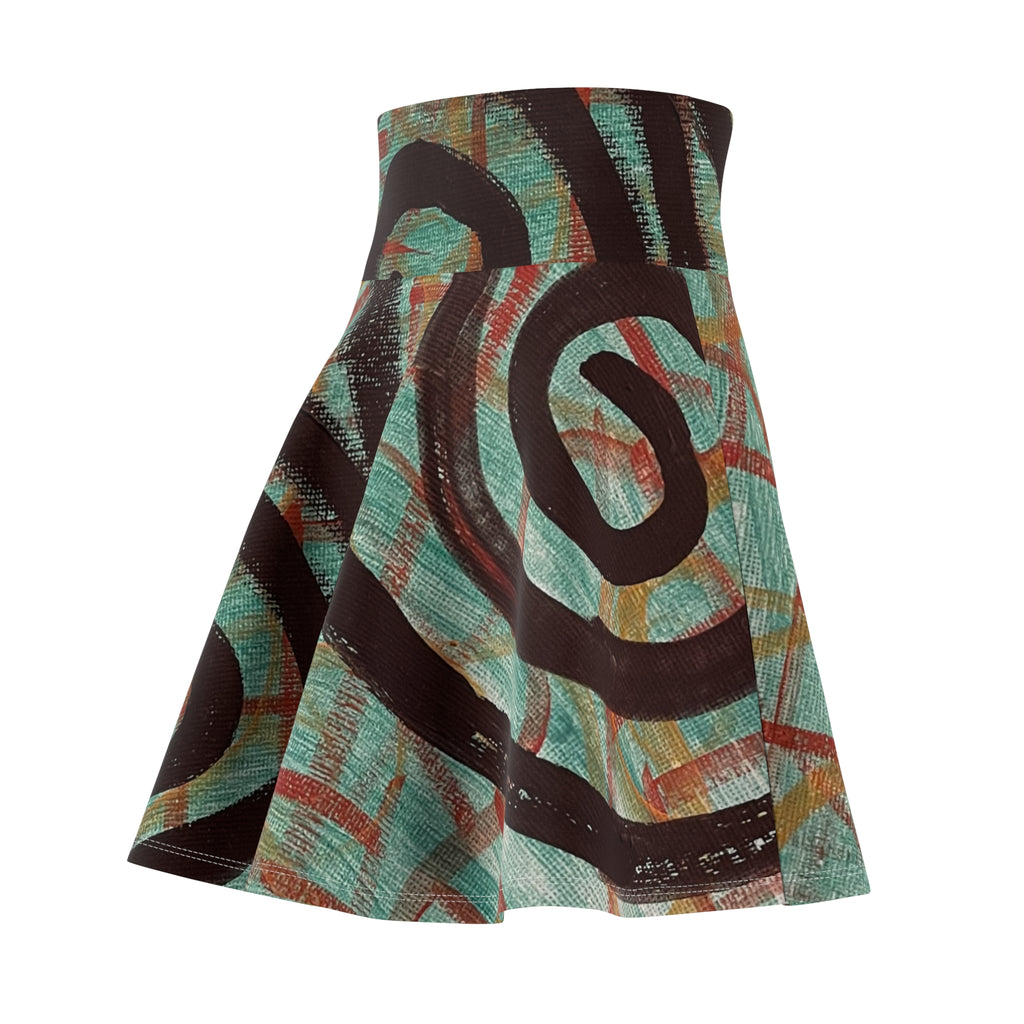 Abstract Spiral Print Skater Skirt — Retro Teal & Rust AOP