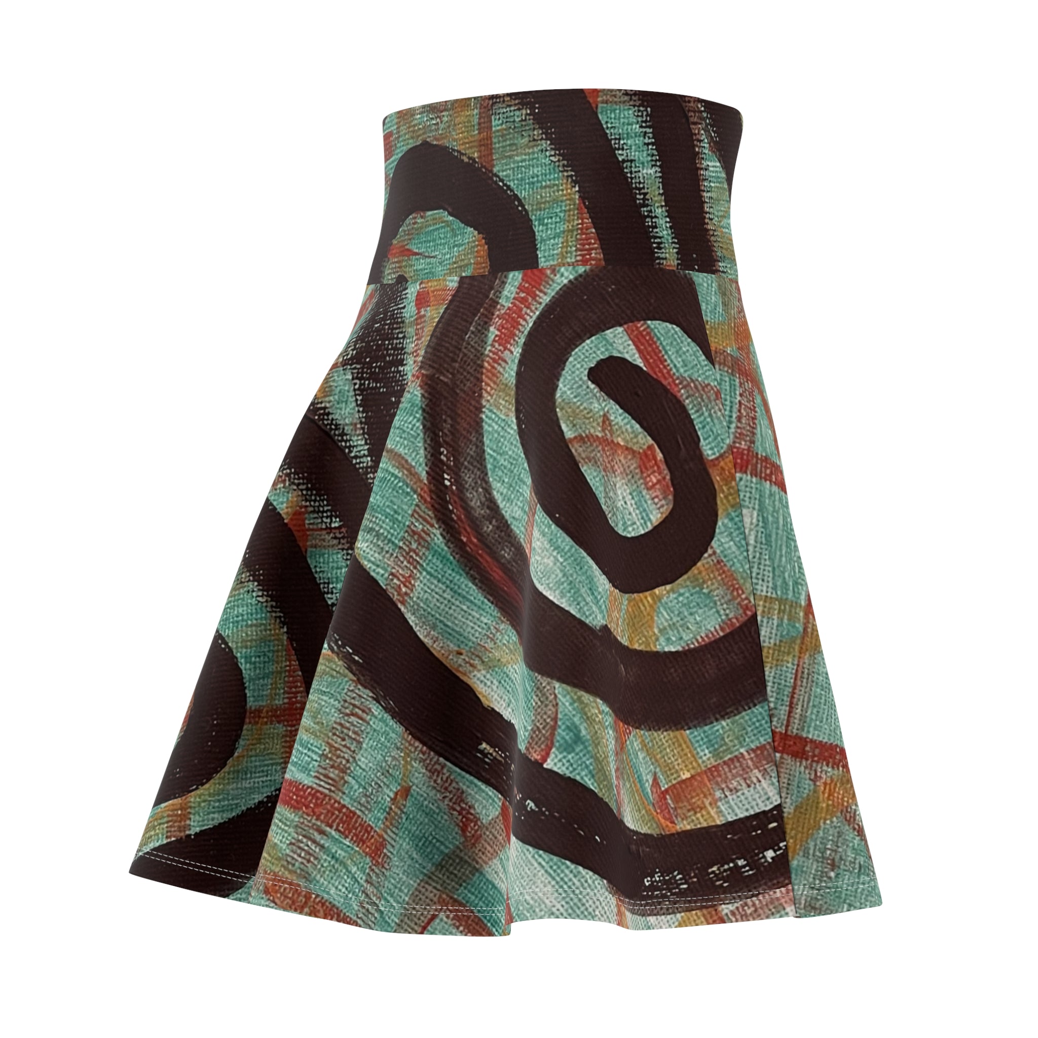 Abstract Spiral Print Skater Skirt — Retro Teal & Rust AOP