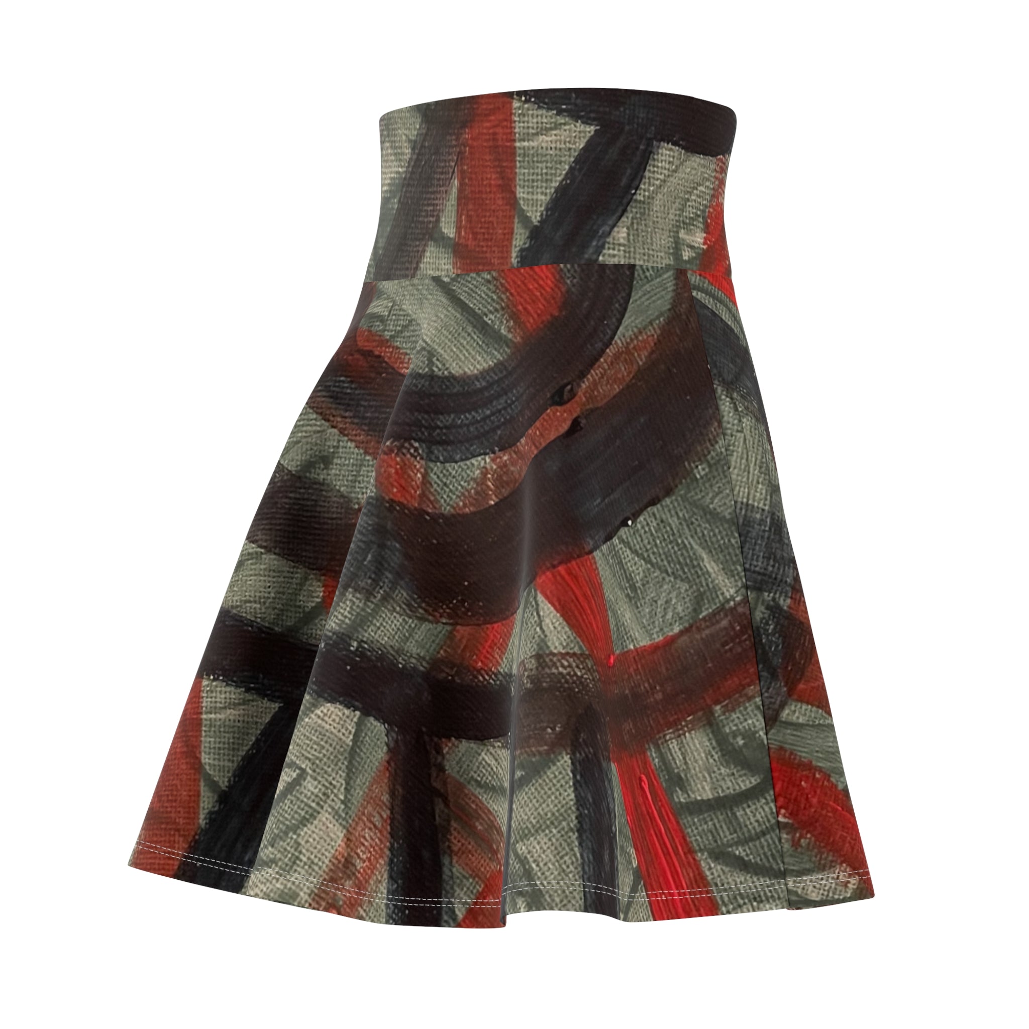 Abstract Brushstroke Skater Skirt — Red & Charcoal AOP