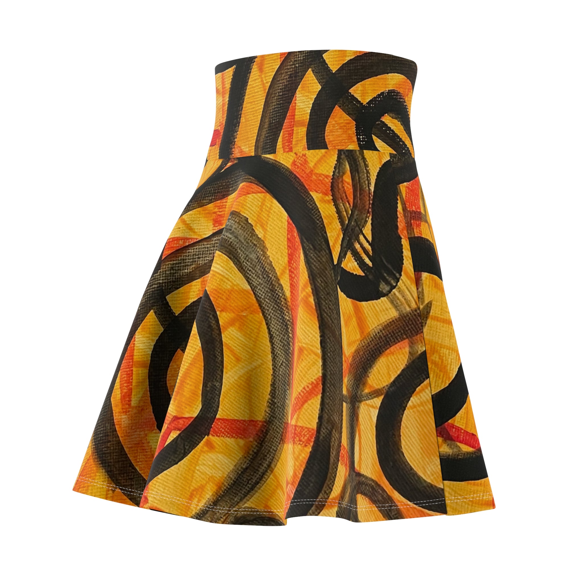 Golden Spiral Art Skater Skirt — Abstract Yellow & Black Swirl Print