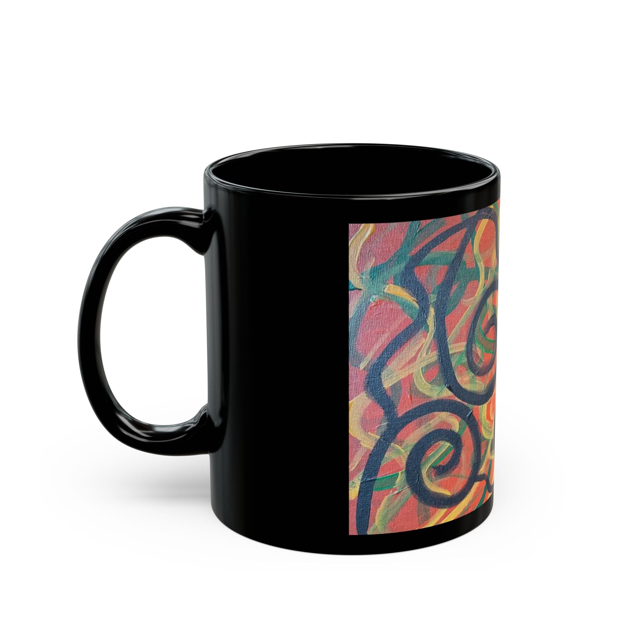 Abstract Spiral Art Black Mug — Colorful Swirl Ceramic Coffee Cup (11oz & 15oz)