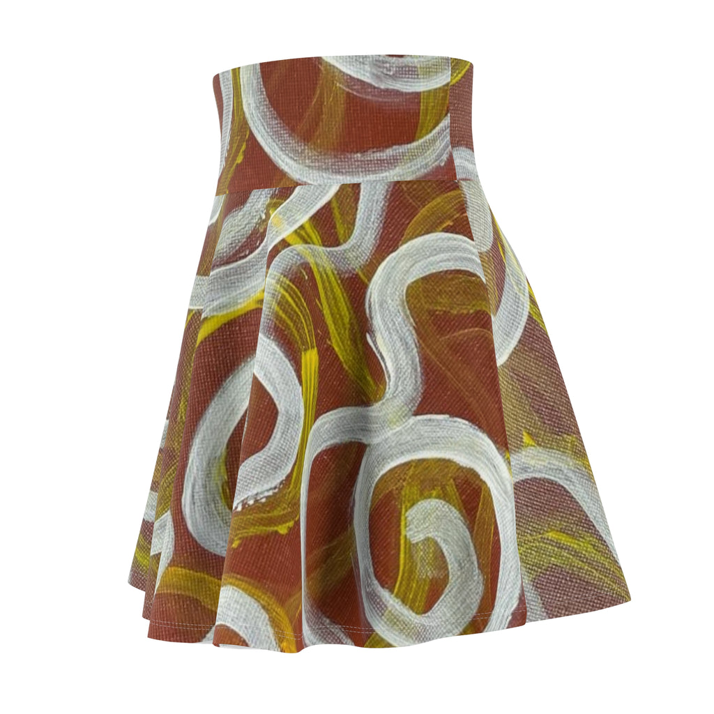 Swirl Abstract AOP Skater Skirt — Earthy Brown & White Artistic Print